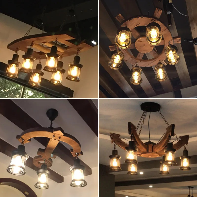 Wooden LED Chandelier - Solid Wood & Iron Industrial Rustic Dining Chandelier