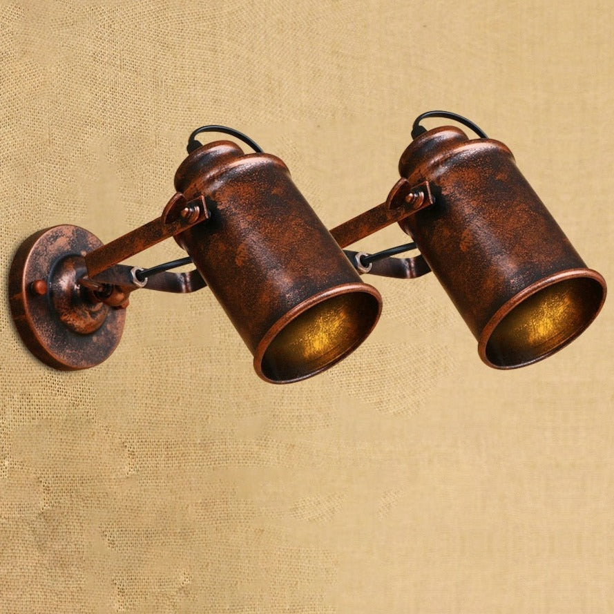 Rustic Industrial Twin Cylinder Wall Spotlight - Aged Copper Iron Articulated Sconce