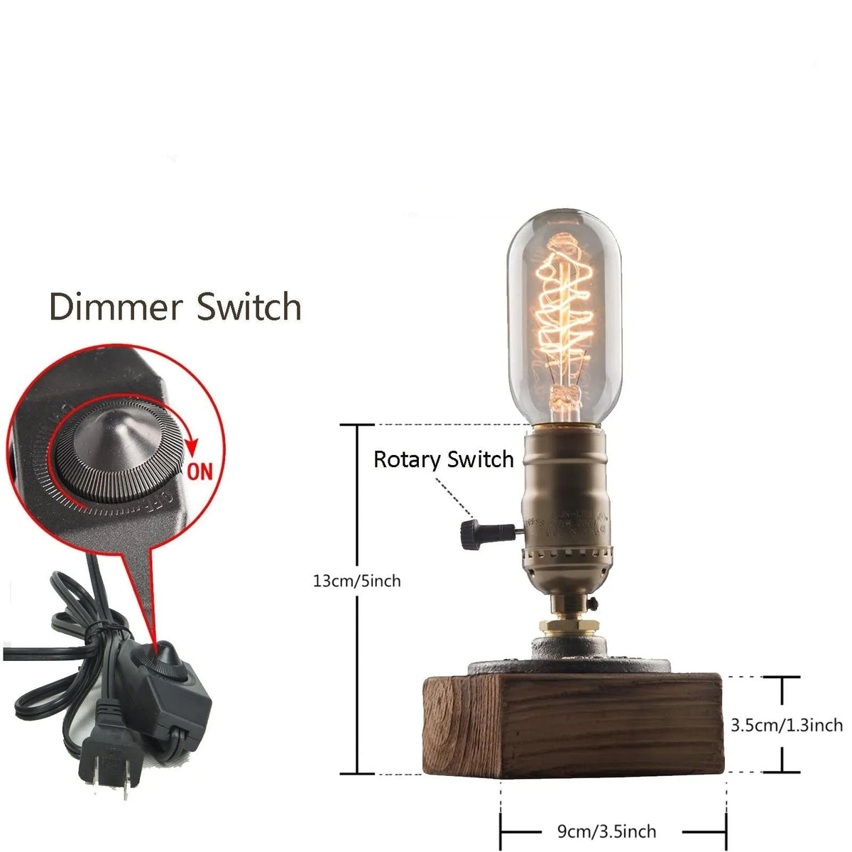 Steampunk Industrial Wooden Block Table Lamp - Solid Wood Base & Antique Brass Edison Desk Lamp