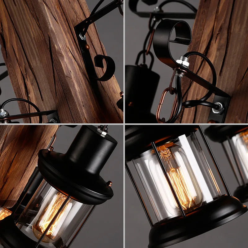Wooden LED Chandelier - Solid Wood & Iron Industrial Rustic Dining Chandelier
