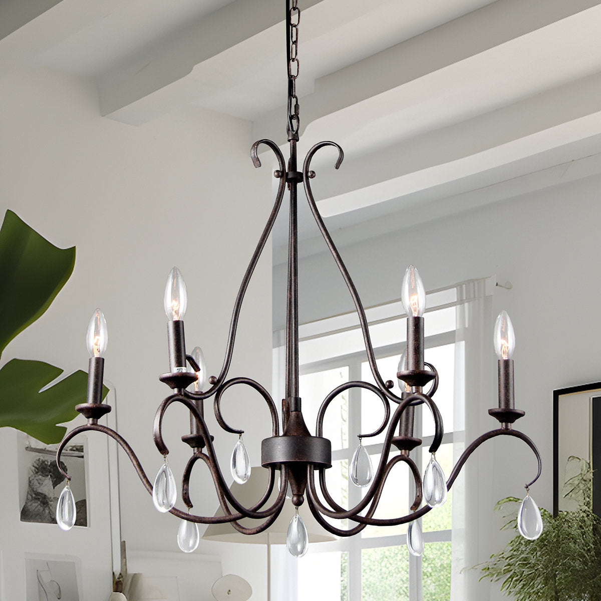 Saban Chandelier - Modern Minimalist Brass & Crystal 6-Light Pendant | Architectural Candle Chandelier