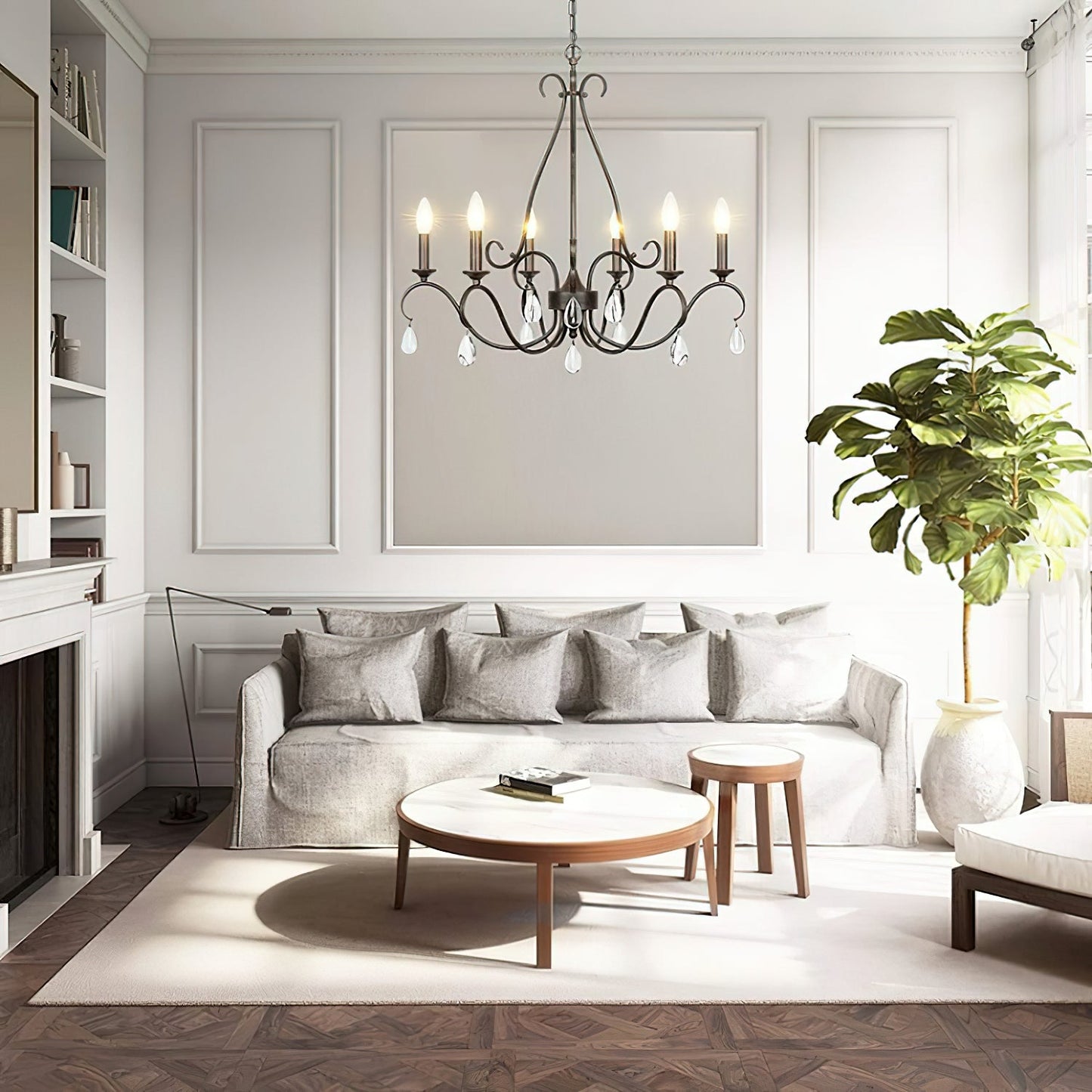 Saban Chandelier - Modern Minimalist Brass & Crystal 6-Light Pendant | Architectural Candle Chandelier