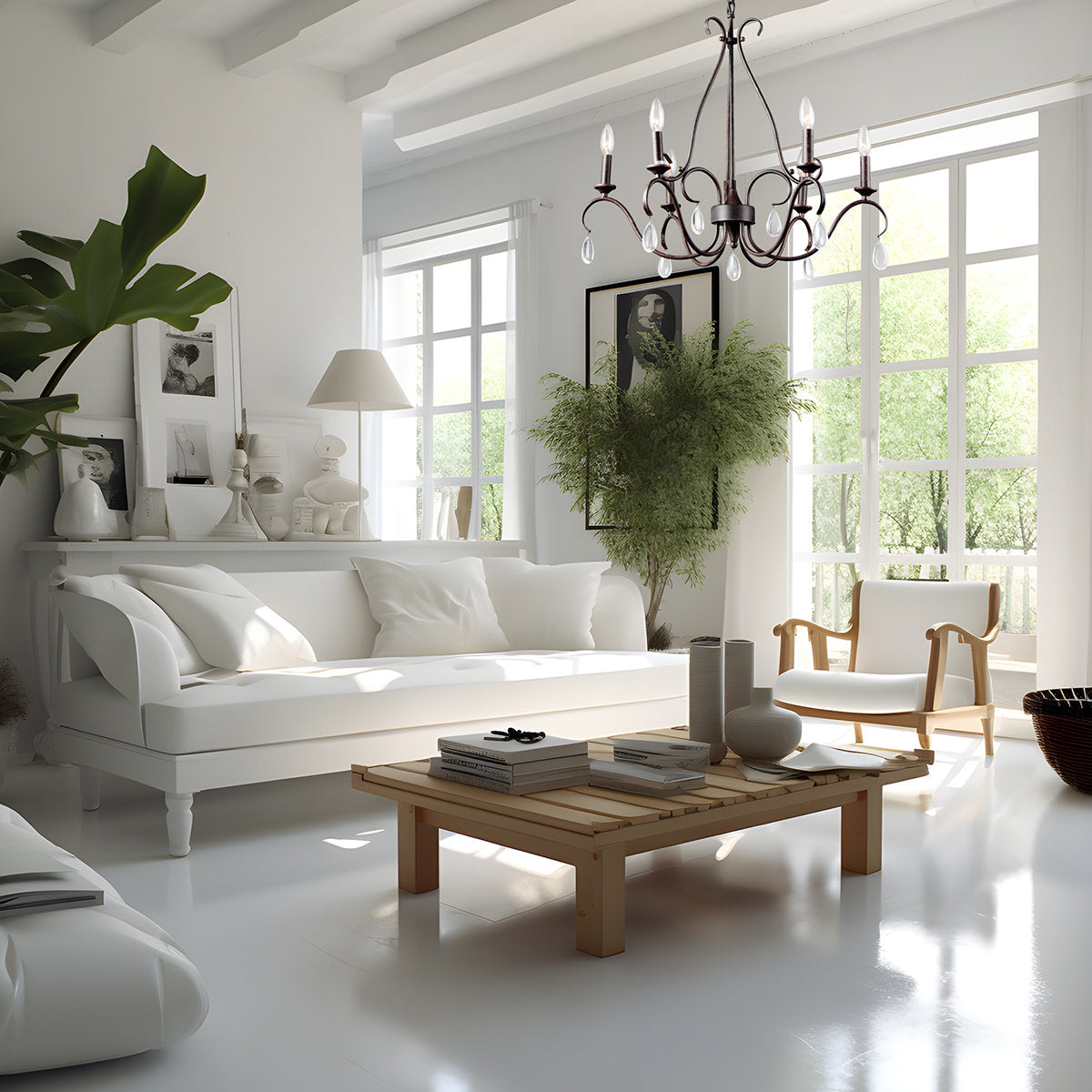 Saban Chandelier - Modern Minimalist Brass & Crystal 6-Light Pendant | Architectural Candle Chandelier