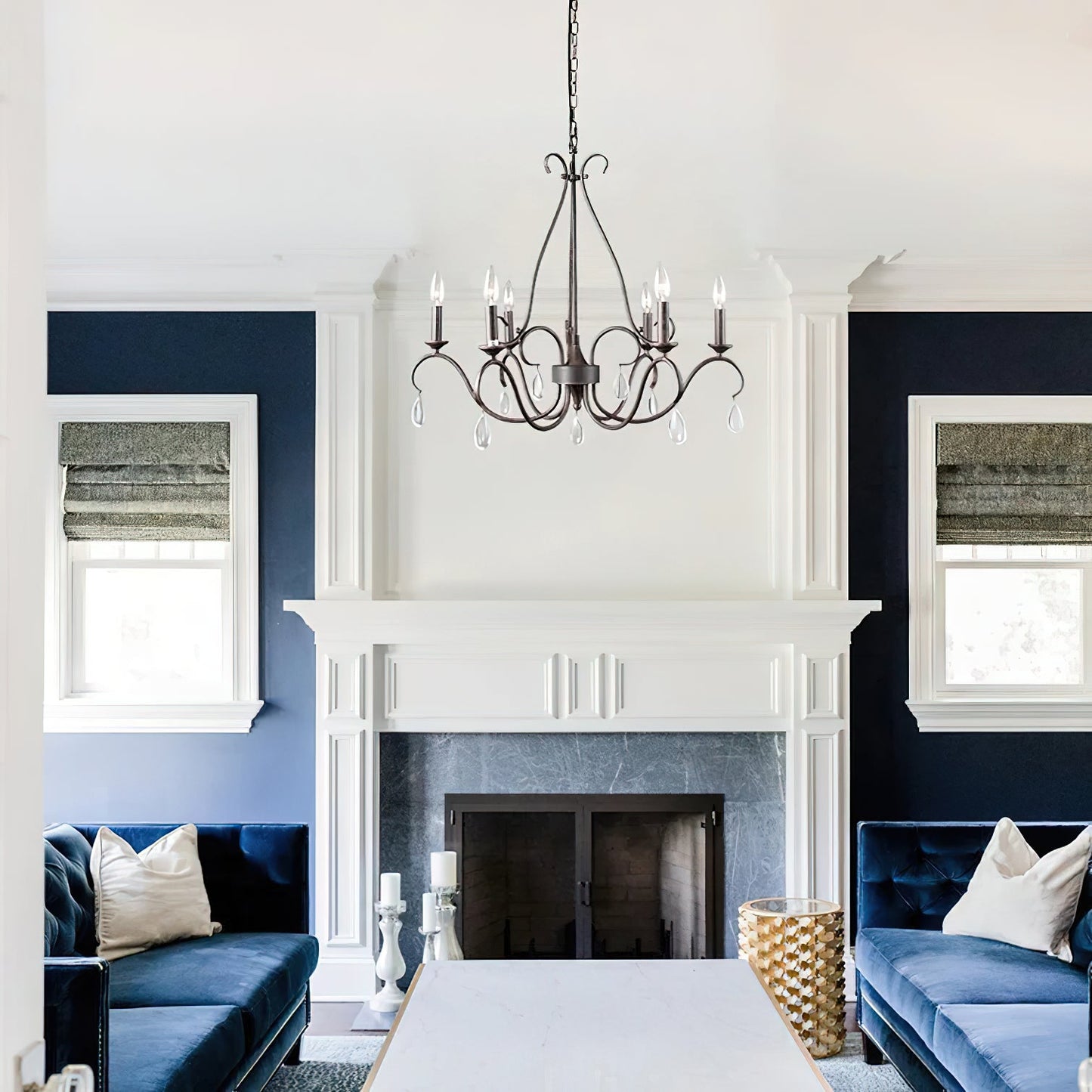 Saban Chandelier - Modern Minimalist Brass & Crystal 6-Light Pendant | Architectural Candle Chandelier
