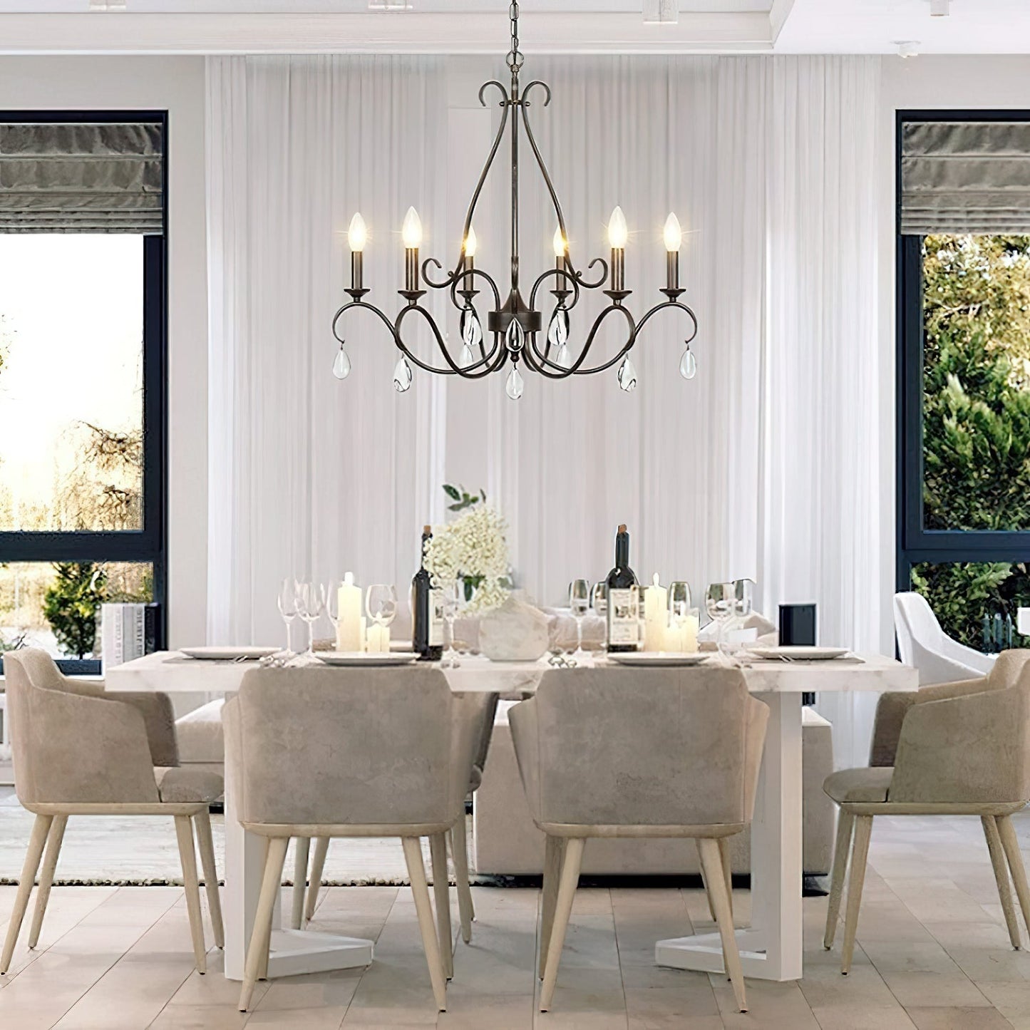 Saban Chandelier - Modern Minimalist Brass & Crystal 6-Light Pendant | Architectural Candle Chandelier