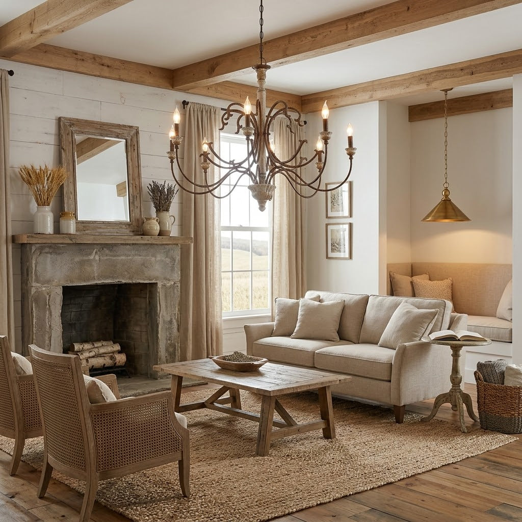Sabine Chandelier - Hand-Carved Rustic Wood & Iron Pendant | French Country 5/8-Light Chandelier