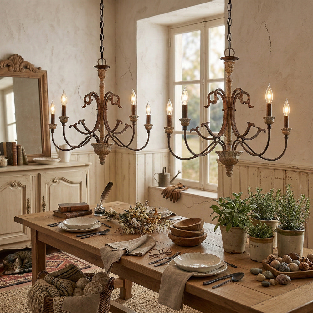 Sabine Chandelier - Hand-Carved Rustic Wood & Iron Pendant | French Country 5/8-Light Chandelier