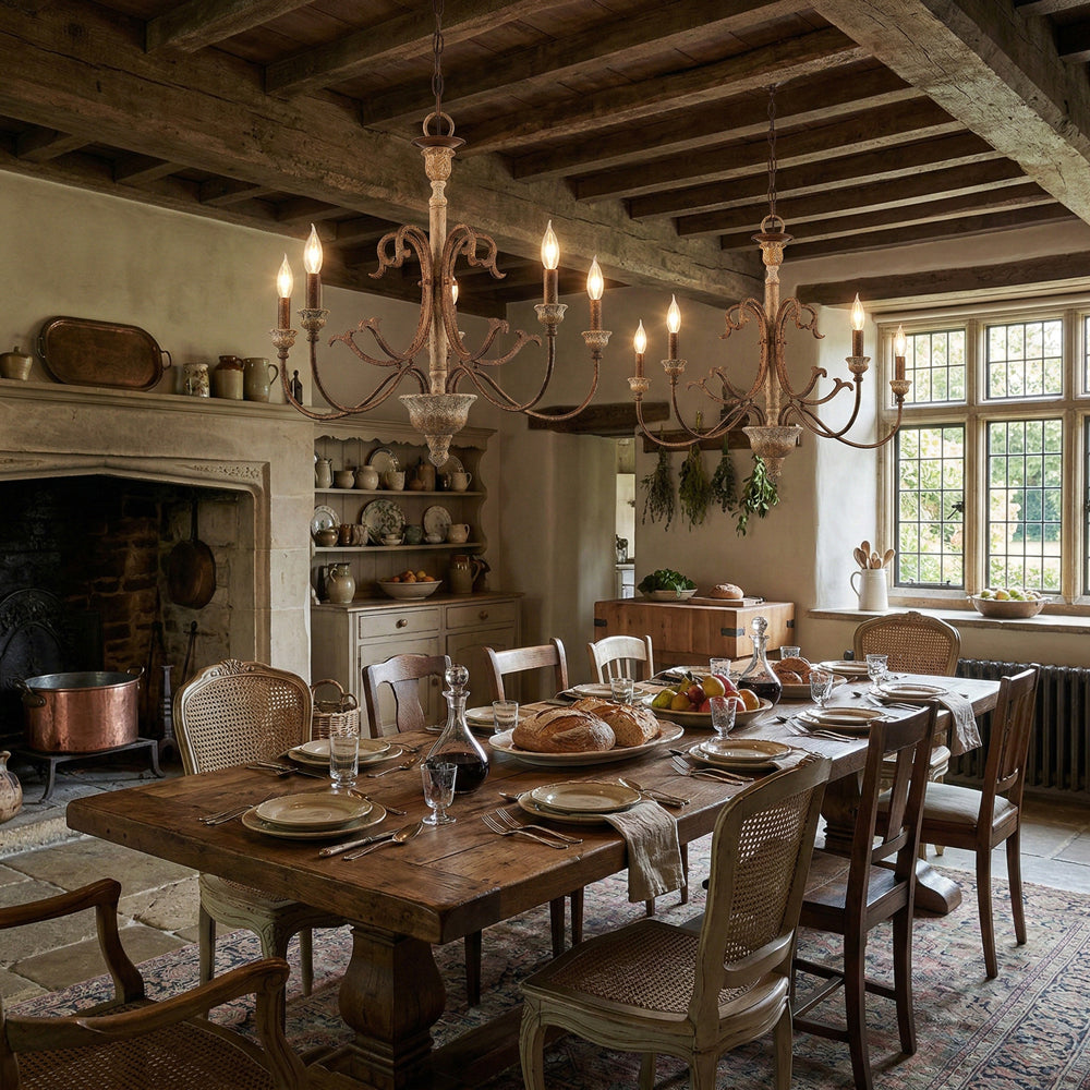 Sabine Chandelier - Hand-Carved Rustic Wood & Iron Pendant | French Country 5/8-Light Chandelier