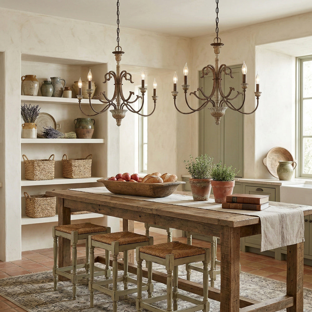 Sabine Chandelier - Hand-Carved Rustic Wood & Iron Pendant | French Country 5/8-Light Chandelier