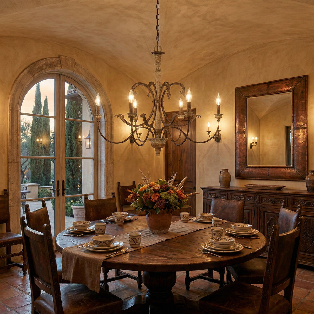 Sabine Chandelier - Hand-Carved Rustic Wood & Iron Pendant | French Country 5/8-Light Chandelier