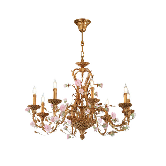 Sabine Flowers Chandelier - Luxury Brass & Pink Ceramic Floral Pendant | French Provincial 6/8-Light Chandelier