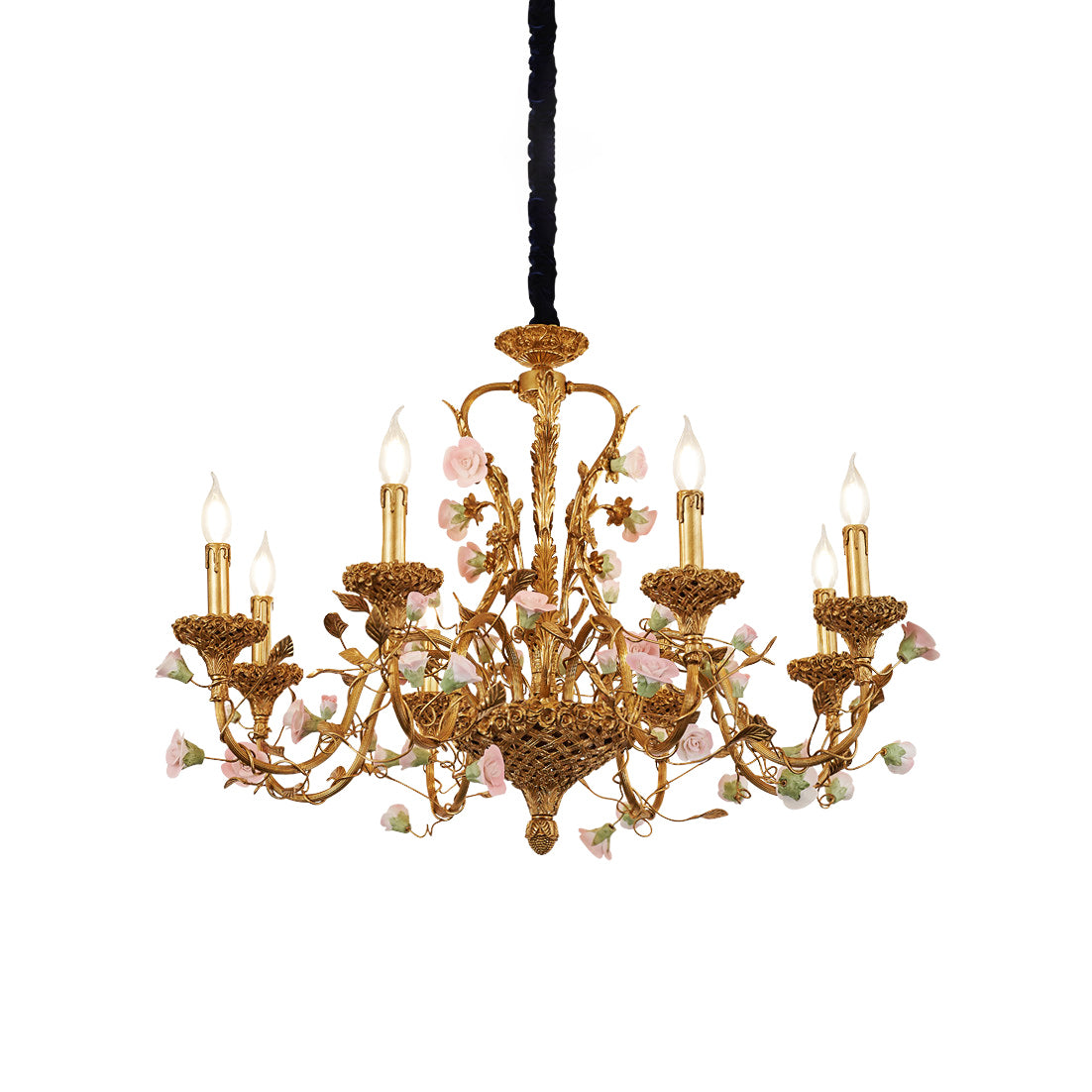 Sabine Flowers Chandelier - Luxury Brass & Pink Ceramic Floral Pendant | French Provincial 6/8-Light Chandelier