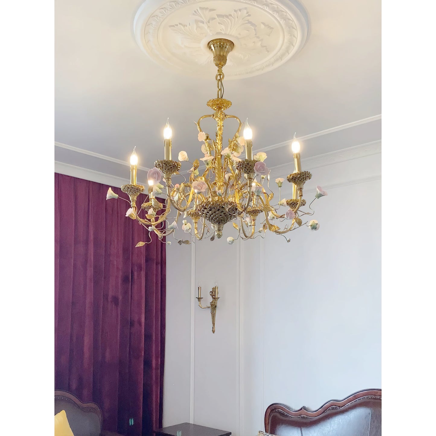 Sabine Flowers Chandelier - Luxury Brass & Pink Ceramic Floral Pendant | French Provincial 6/8-Light Chandelier