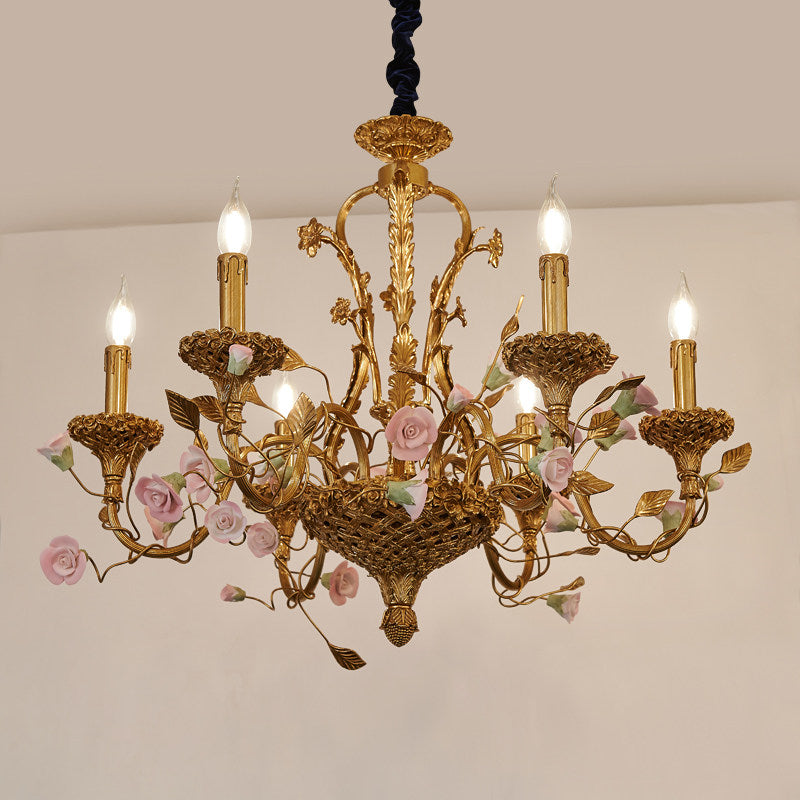 Sabine Flowers Chandelier - Luxury Brass & Pink Ceramic Floral Pendant | French Provincial 6/8-Light Chandelier