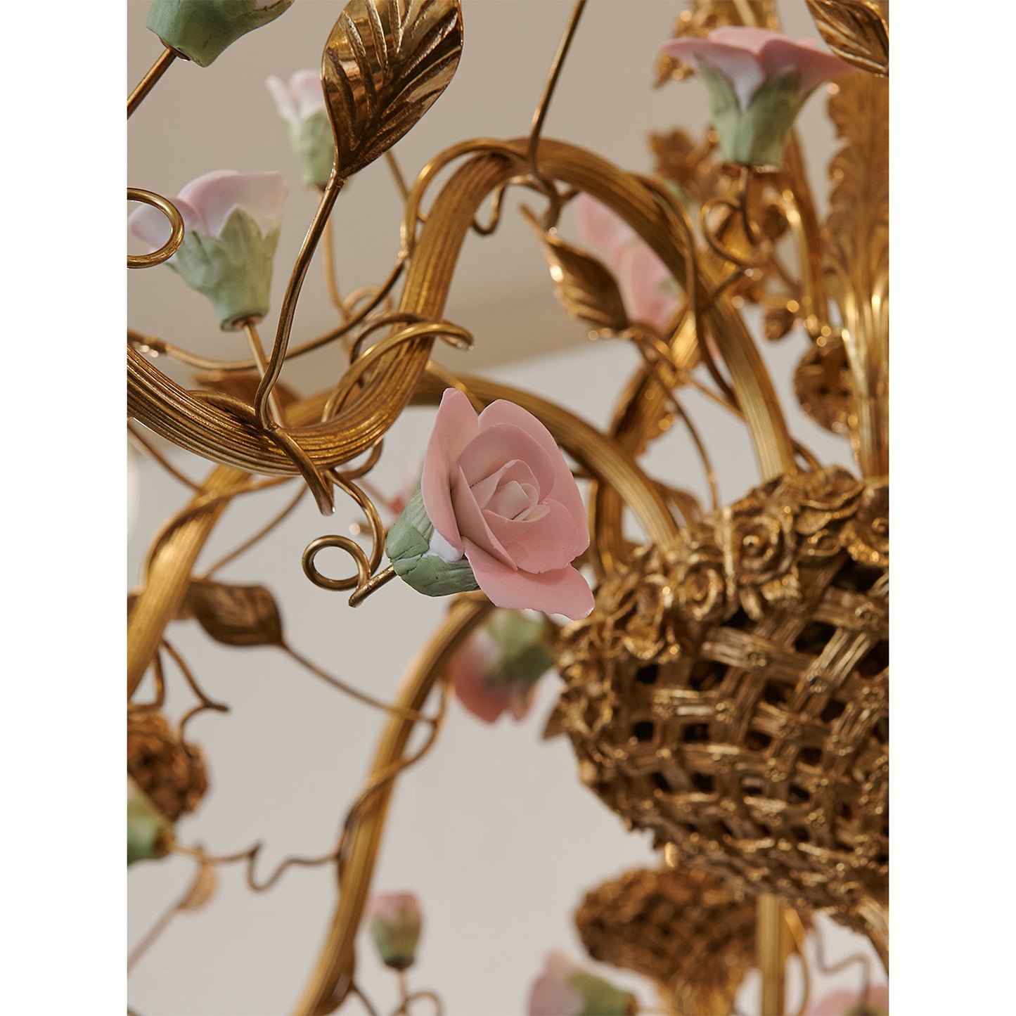 Sabine Flowers Chandelier - Luxury Brass & Pink Ceramic Floral Pendant | French Provincial 6/8-Light Chandelier