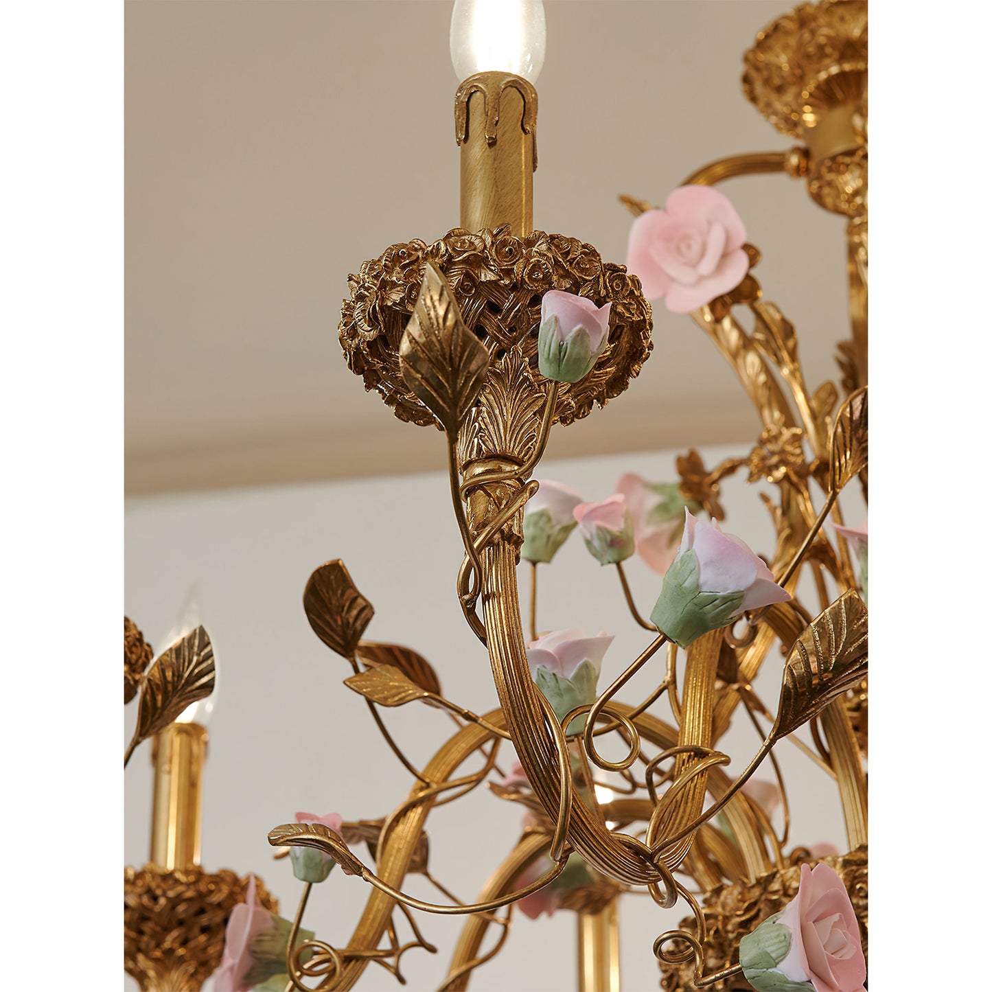 Sabine Flowers Chandelier - Luxury Brass & Pink Ceramic Floral Pendant | French Provincial 6/8-Light Chandelier