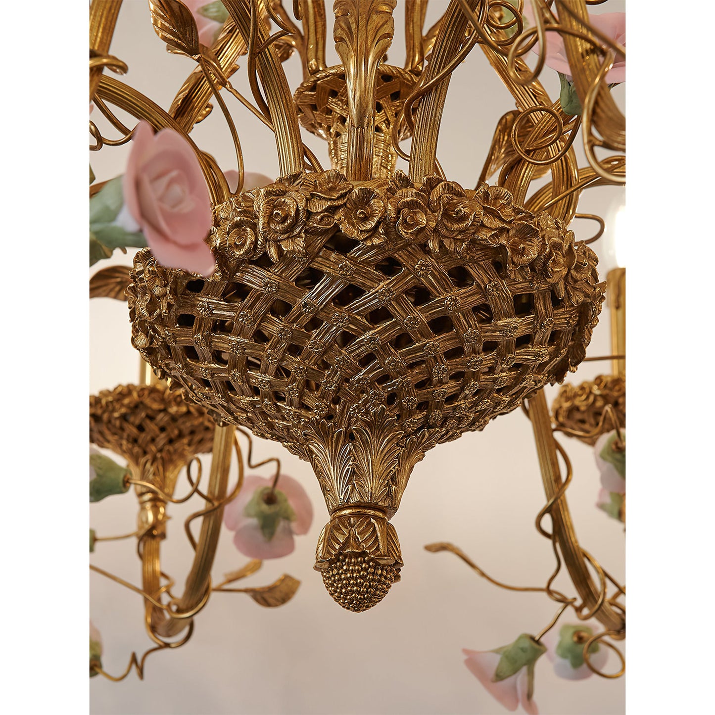 Sabine Flowers Chandelier - Luxury Brass & Pink Ceramic Floral Pendant | French Provincial 6/8-Light Chandelier