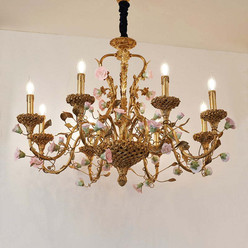 Sabine Flowers Chandelier - Luxury Brass & Pink Ceramic Floral Pendant | French Provincial 6/8-Light Chandelier