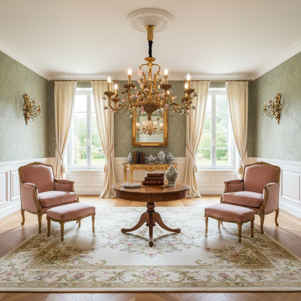 Sabine Flowers Chandelier - Luxury Brass & Pink Ceramic Floral Pendant | French Provincial 6/8-Light Chandelier