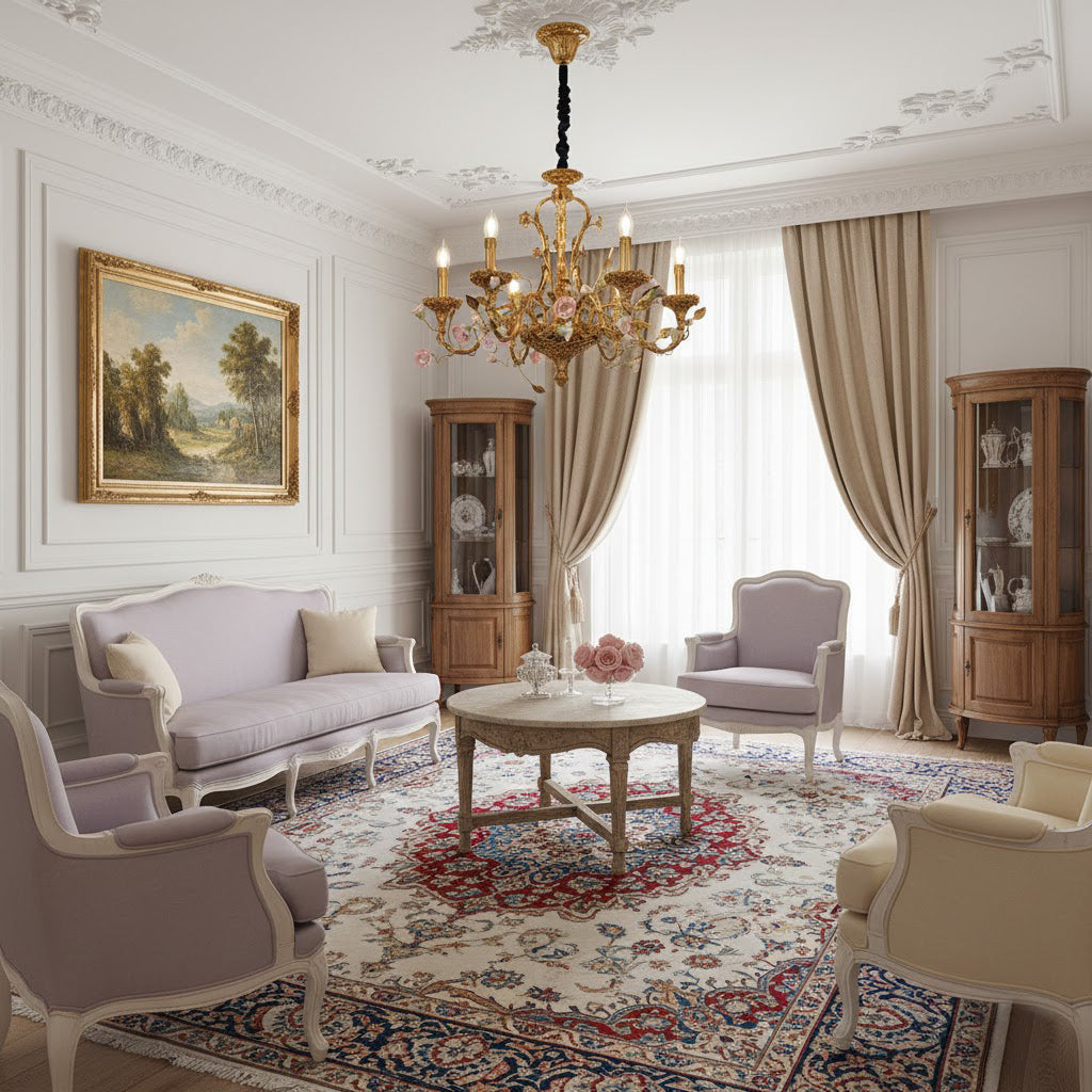 Sabine Flowers Chandelier - Luxury Brass & Pink Ceramic Floral Pendant | French Provincial 6/8-Light Chandelier