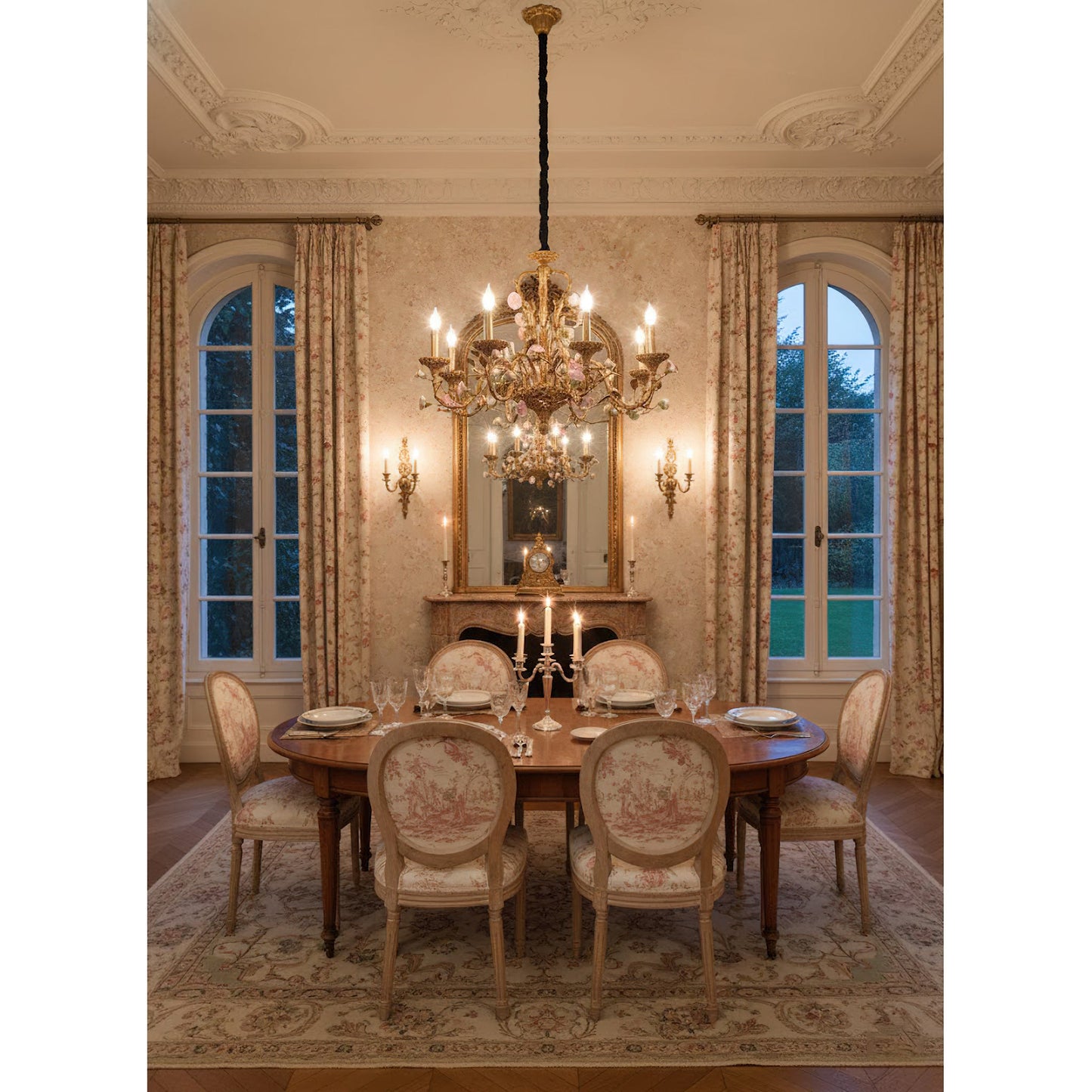 Sabine Flowers Chandelier - Luxury Brass & Pink Ceramic Floral Pendant | French Provincial 6/8-Light Chandelier