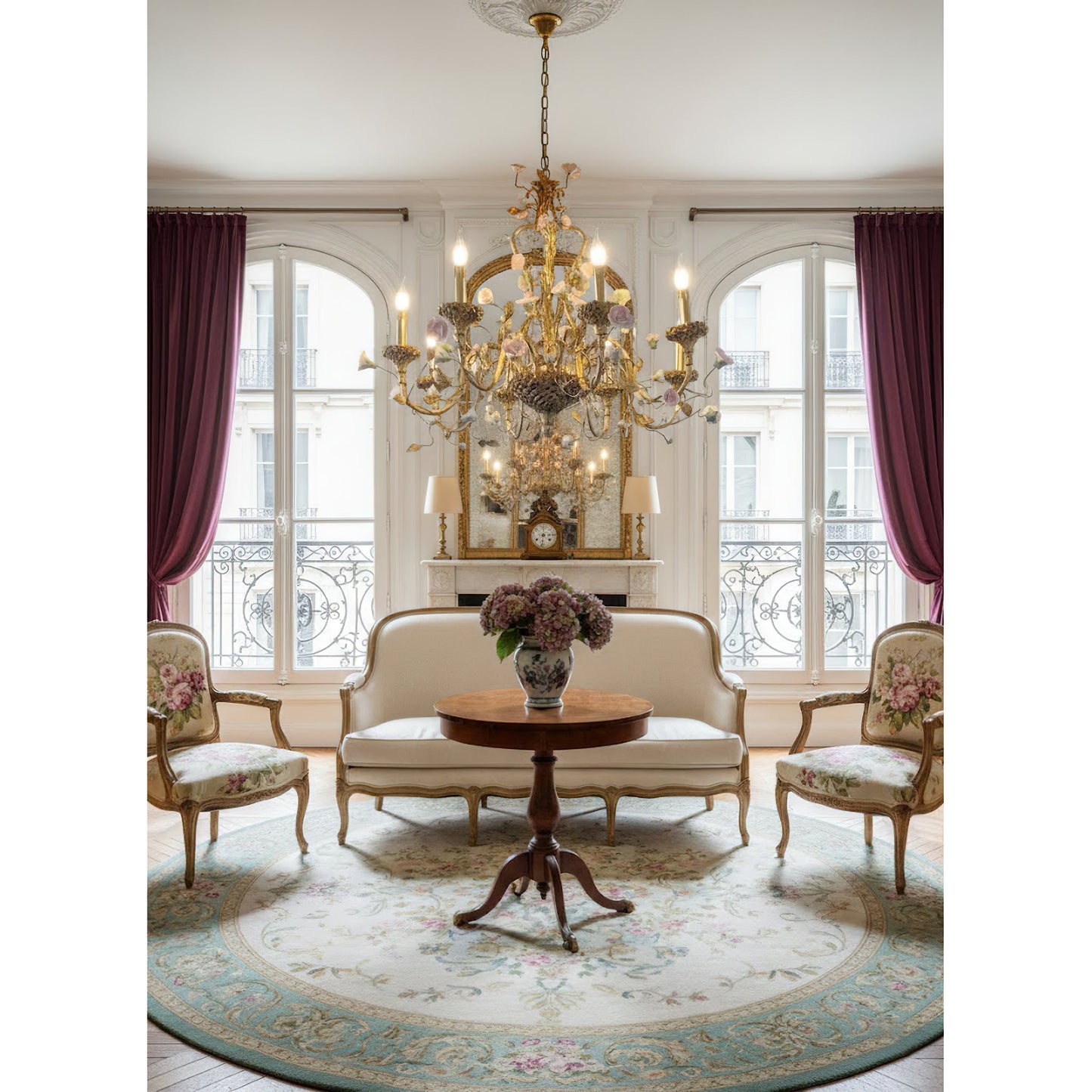 Sabine Flowers Chandelier - Luxury Brass & Pink Ceramic Floral Pendant | French Provincial 6/8-Light Chandelier