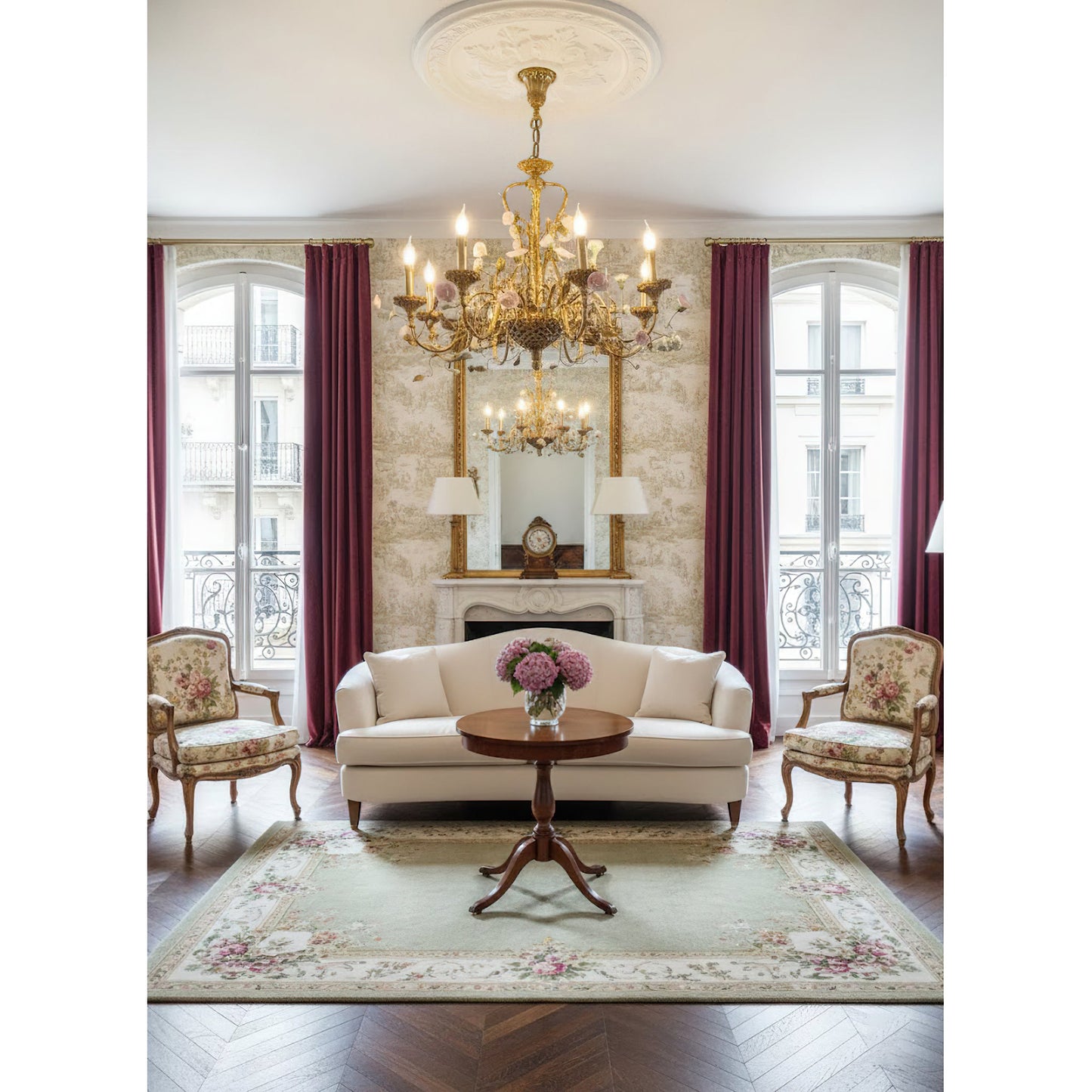 Sabine Flowers Chandelier - Luxury Brass & Pink Ceramic Floral Pendant | French Provincial 6/8-Light Chandelier