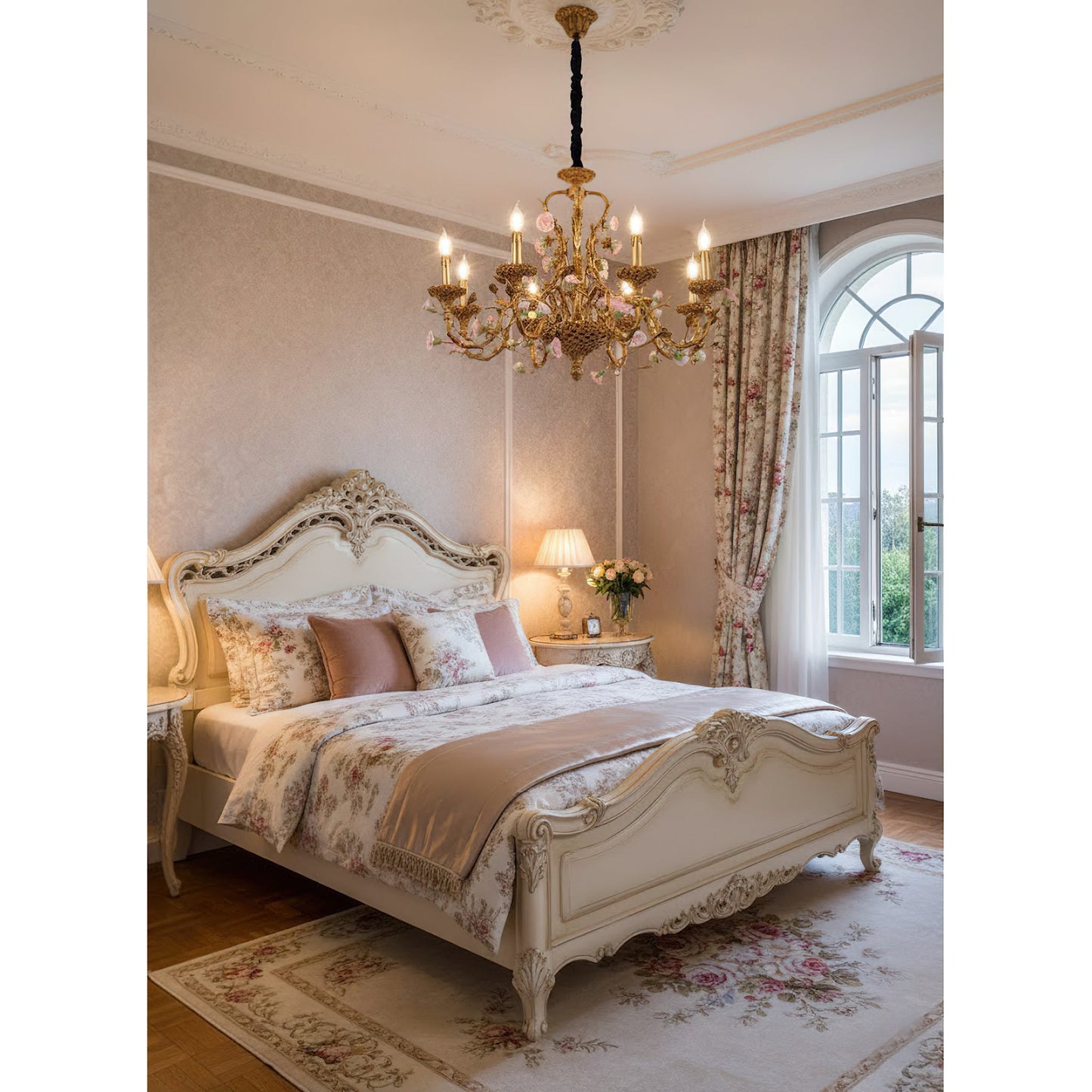 Sabine Flowers Chandelier - Luxury Brass & Pink Ceramic Floral Pendant | French Provincial 6/8-Light Chandelier