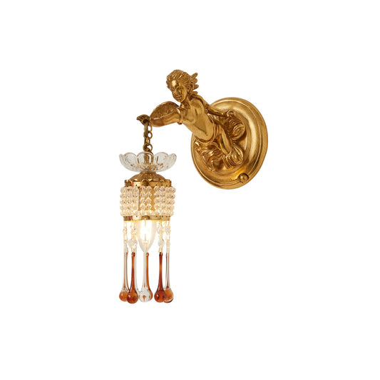 Sabrina Angelic Wall Lamp - Cherub Brass Sconce with Hanging Crystals | Classical Artistry Wall Light