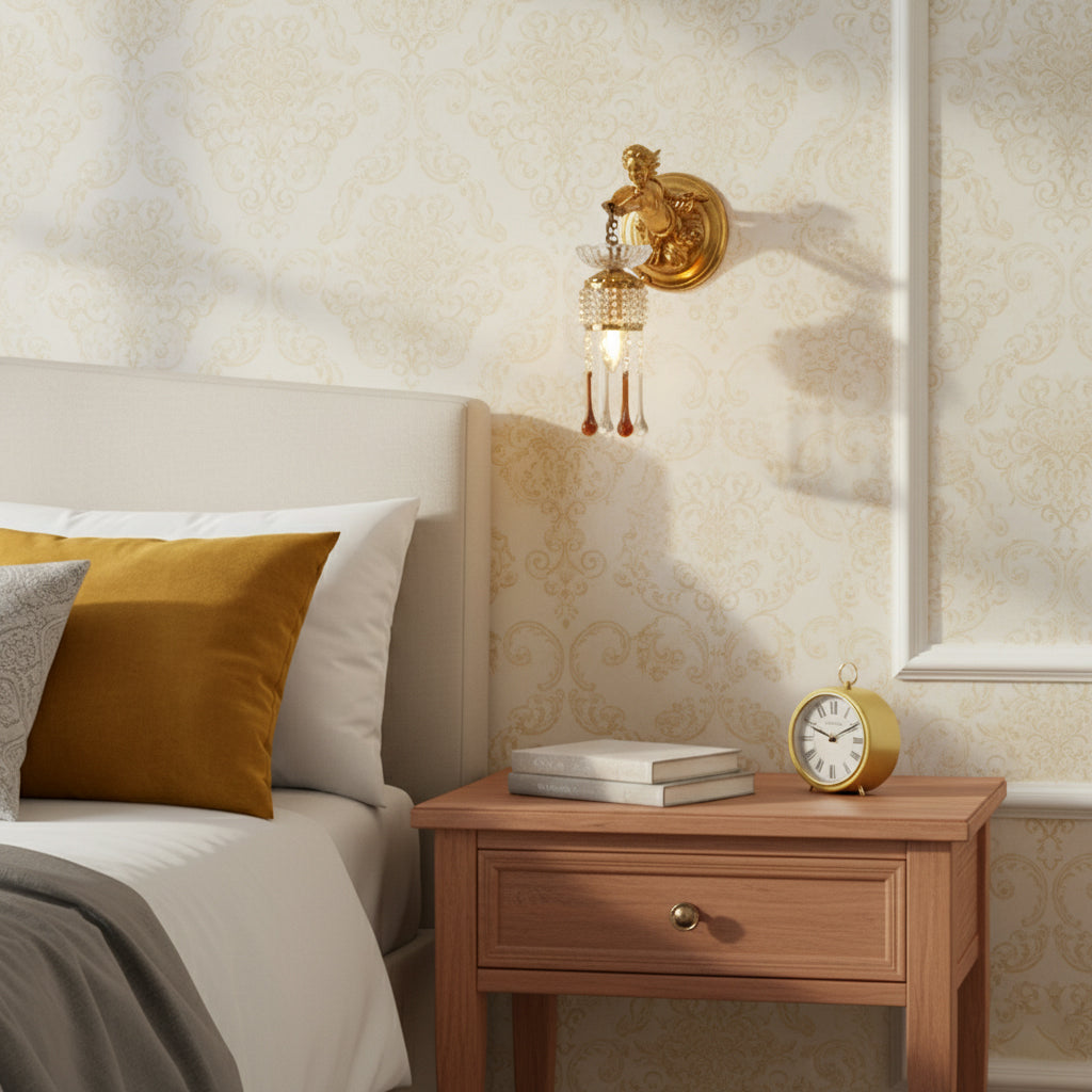 Sabrina Angelic Wall Lamp - Cherub Brass Sconce with Hanging Crystals | Classical Artistry Wall Light