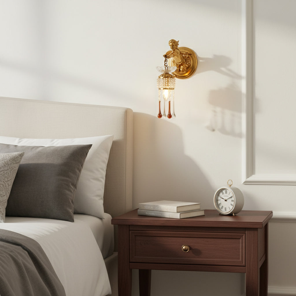 Sabrina Angelic Wall Lamp - Cherub Brass Sconce with Hanging Crystals | Classical Artistry Wall Light