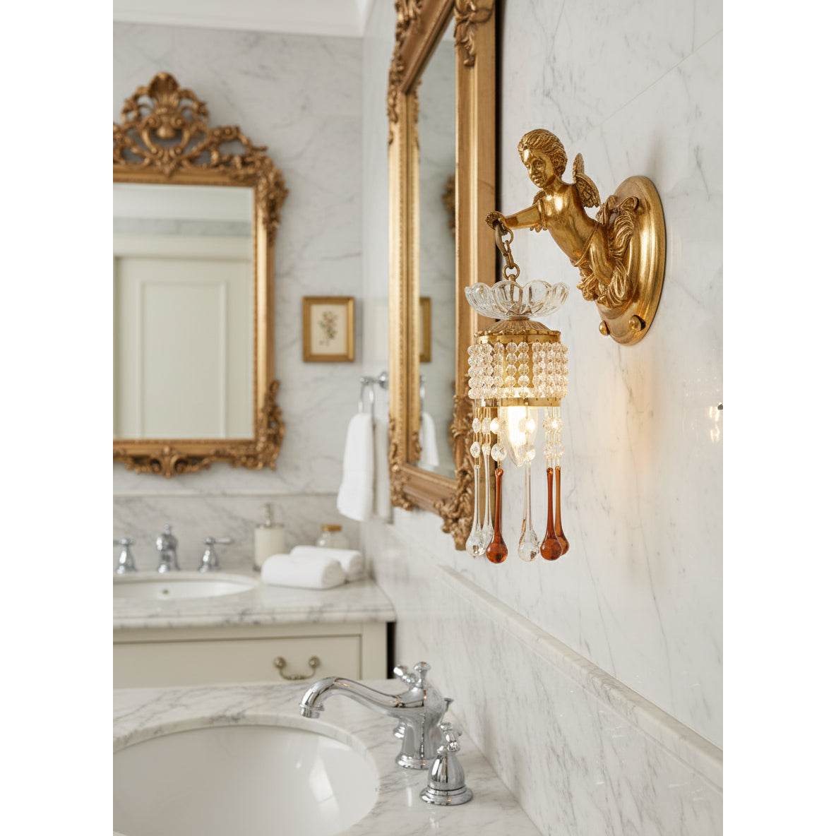 Sabrina Angelic Wall Lamp - Cherub Brass Sconce with Hanging Crystals | Classical Artistry Wall Light