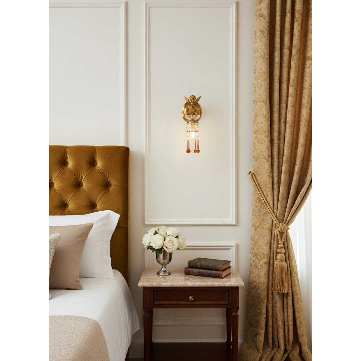 Sabrina Angelic Wall Lamp - Cherub Brass Sconce with Hanging Crystals | Classical Artistry Wall Light