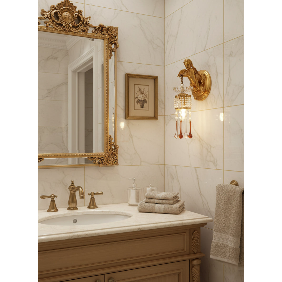 Sabrina Angelic Wall Lamp - Cherub Brass Sconce with Hanging Crystals | Classical Artistry Wall Light