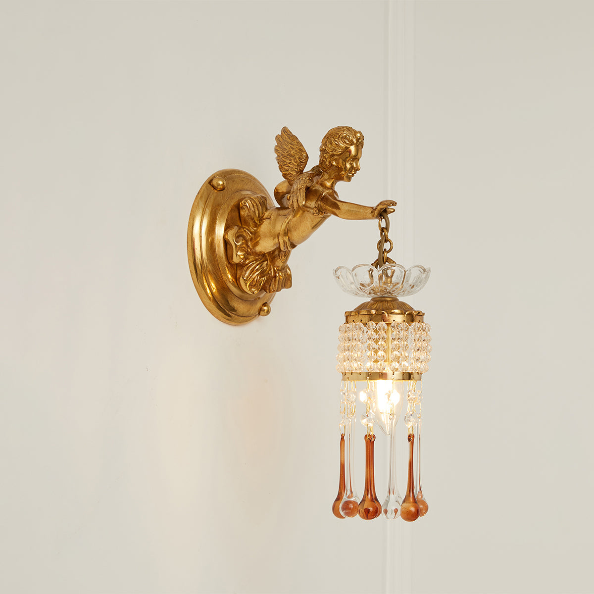 Sabrina Angelic Wall Lamp - Cherub Brass Sconce with Hanging Crystals | Classical Artistry Wall Light