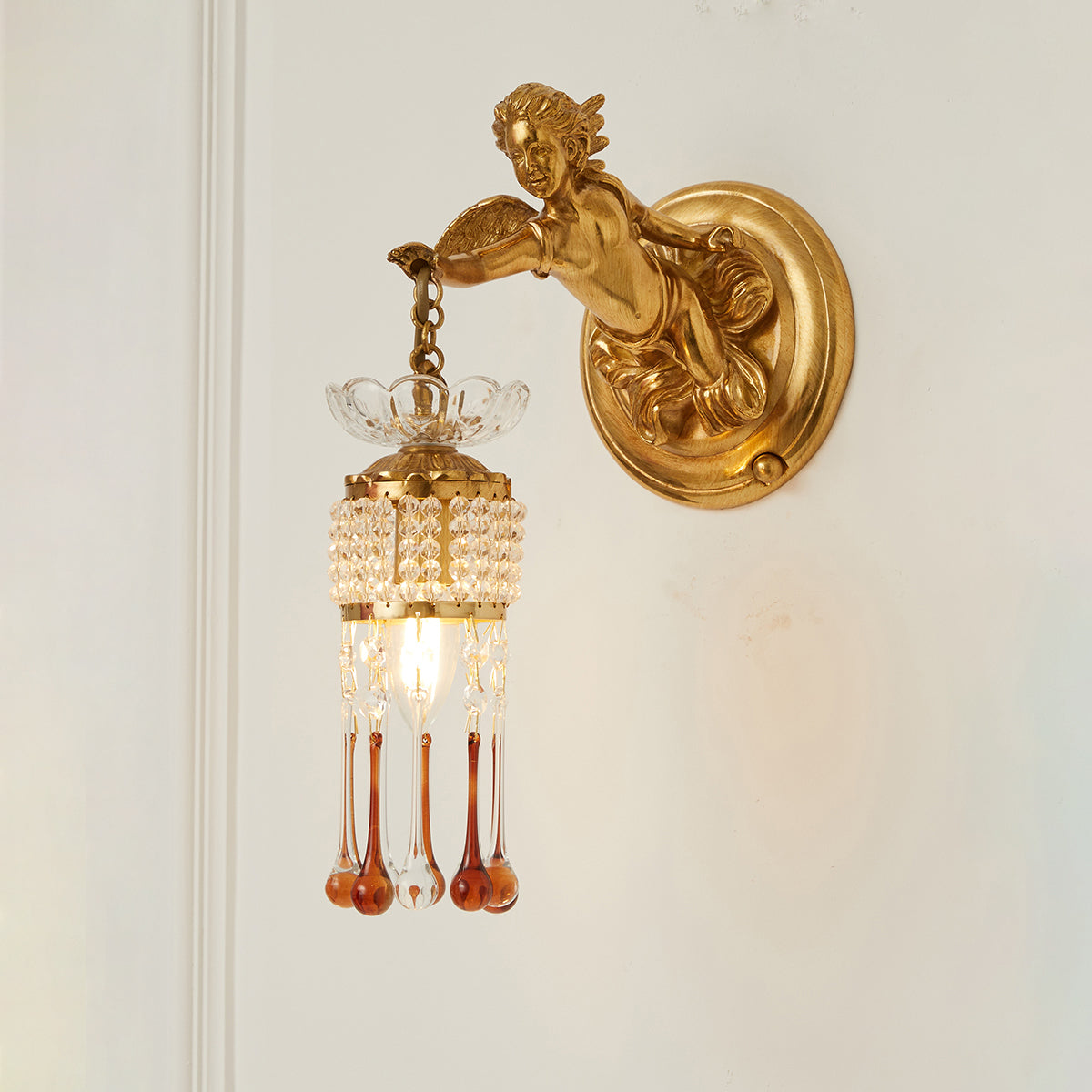 Sabrina Angelic Wall Lamp - Cherub Brass Sconce with Hanging Crystals | Classical Artistry Wall Light
