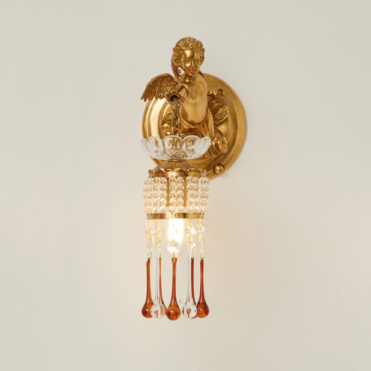 Sabrina Angelic Wall Lamp - Cherub Brass Sconce with Hanging Crystals | Classical Artistry Wall Light