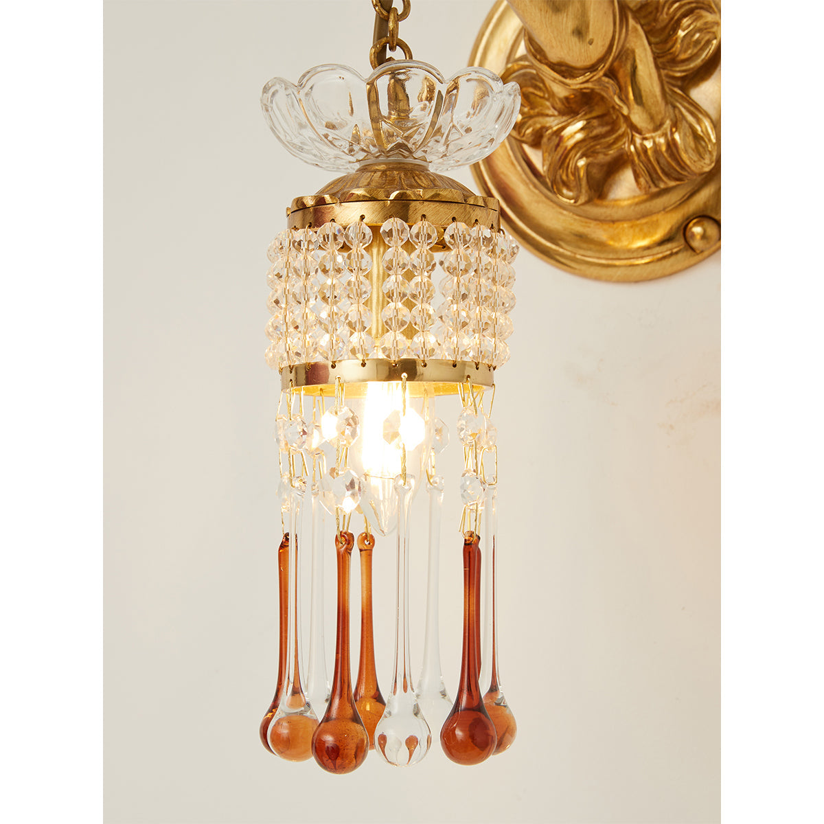 Sabrina Angelic Wall Lamp - Cherub Brass Sconce with Hanging Crystals | Classical Artistry Wall Light