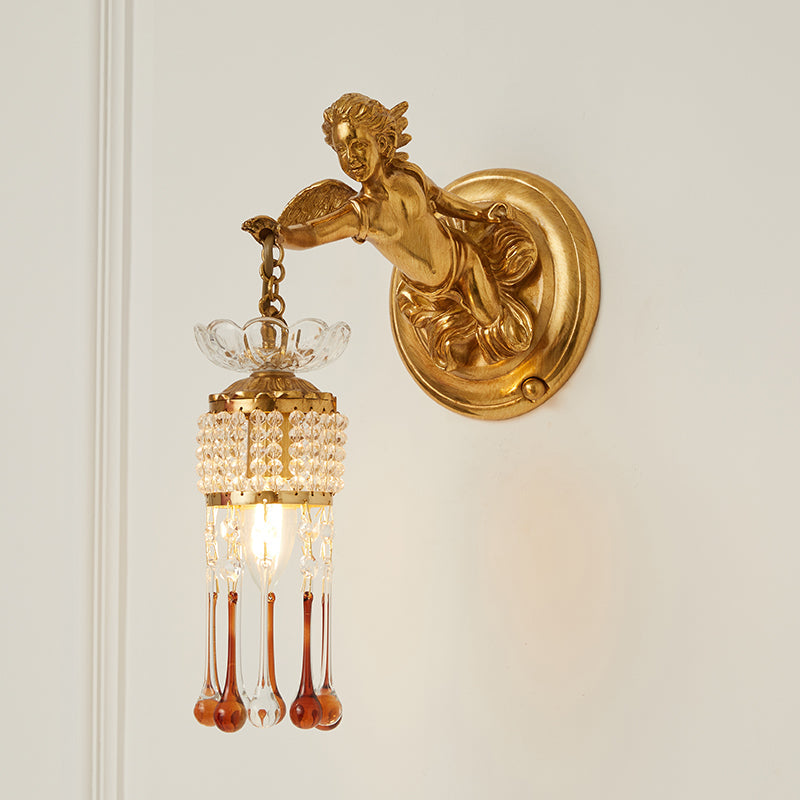Sabrina Angelic Wall Lamp - Cherub Brass Sconce with Hanging Crystals | Classical Artistry Wall Light