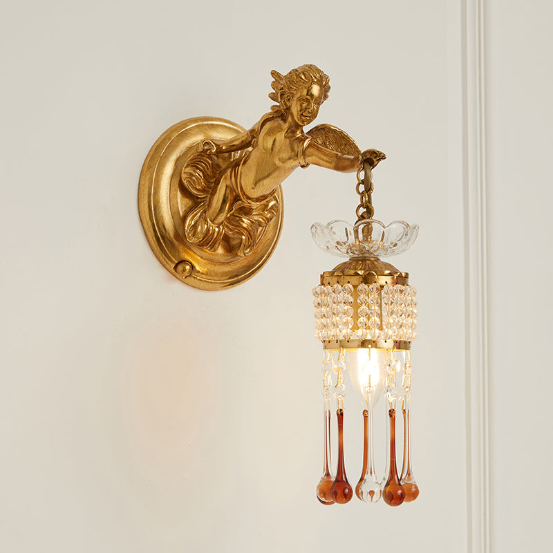 Sabrina Angelic Wall Lamp - Cherub Brass Sconce with Hanging Crystals | Classical Artistry Wall Light