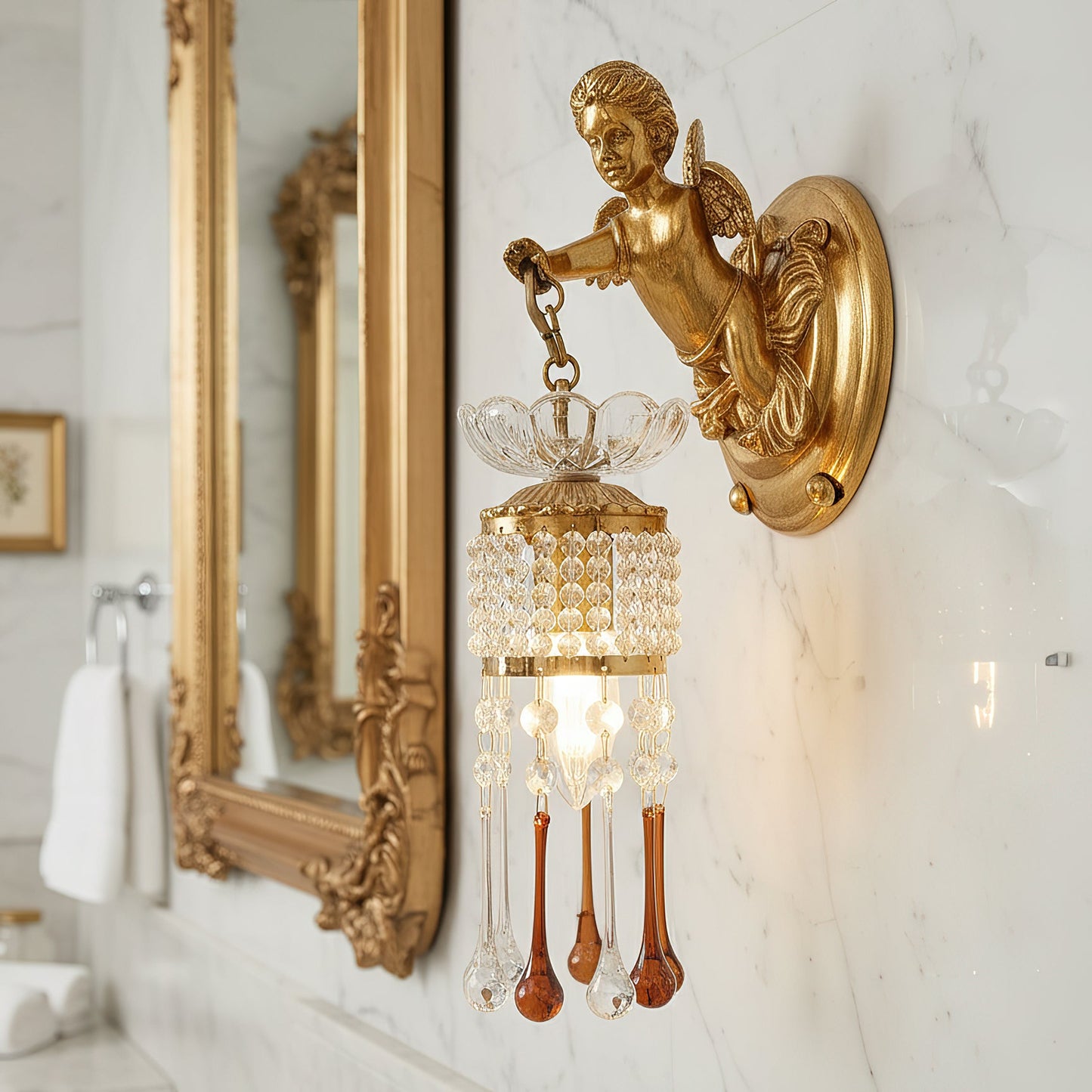 Sabrina Angelic Wall Lamp - Cherub Brass Sconce with Hanging Crystals | Classical Artistry Wall Light