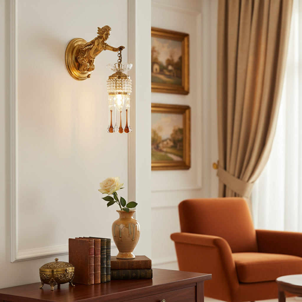 Sabrina Angelic Wall Lamp - Cherub Brass Sconce with Hanging Crystals | Classical Artistry Wall Light