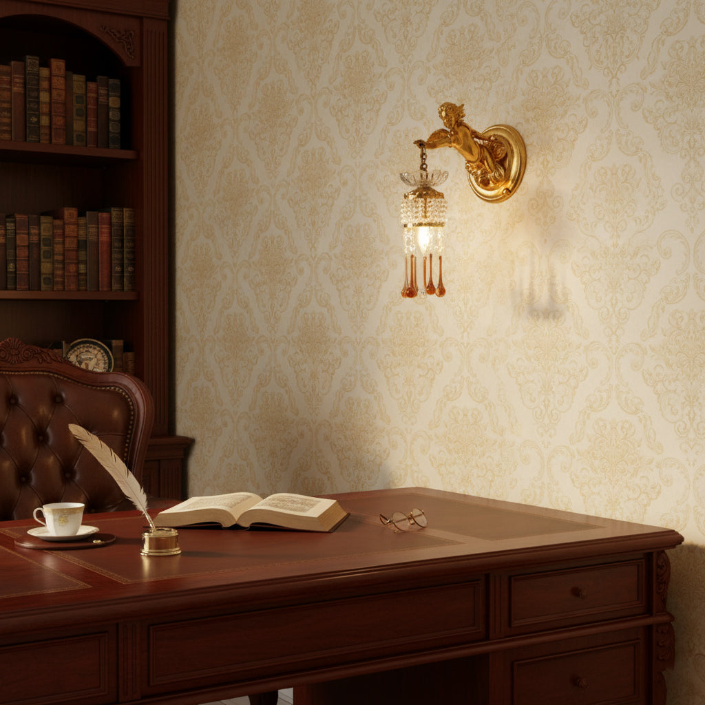 Sabrina Angelic Wall Lamp - Cherub Brass Sconce with Hanging Crystals | Classical Artistry Wall Light