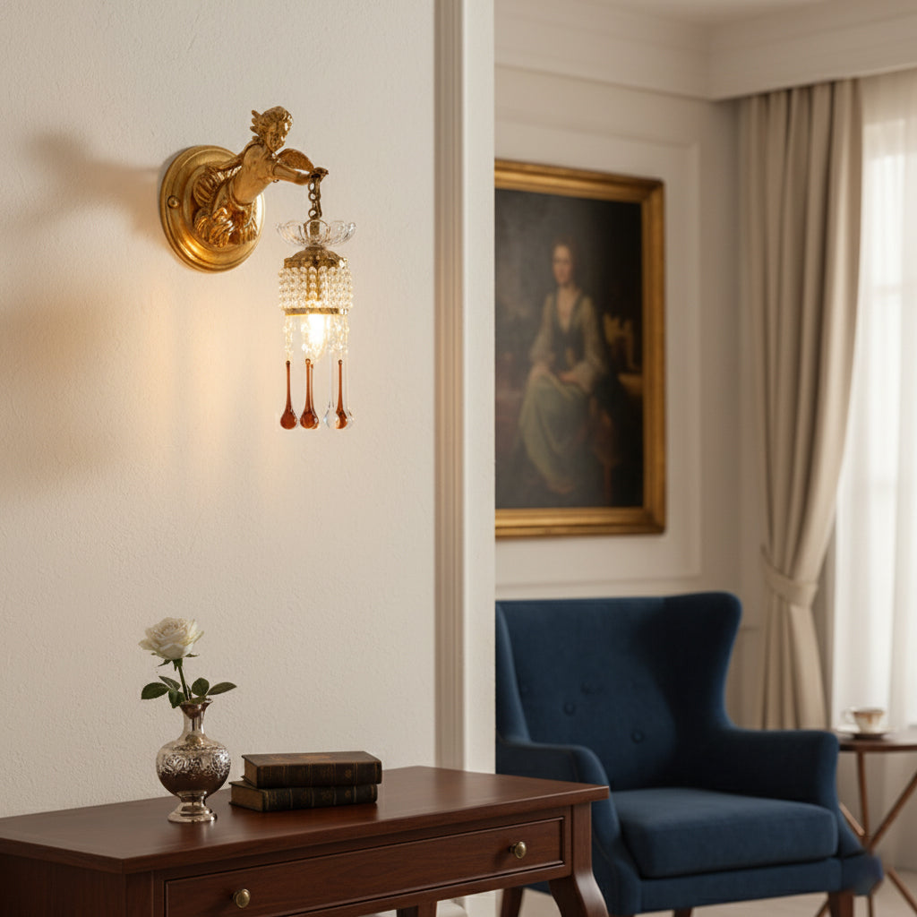 Sabrina Angelic Wall Lamp - Cherub Brass Sconce with Hanging Crystals | Classical Artistry Wall Light