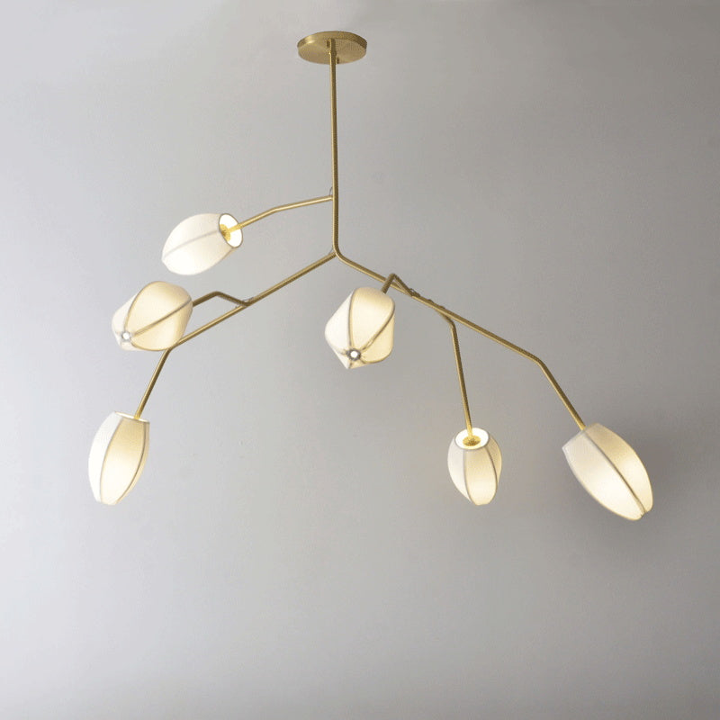 Sacura Chandelier - Cherry Blossom Inspired Brass & Fabric Pendant | Modern Organic 6-Light Centerpiece