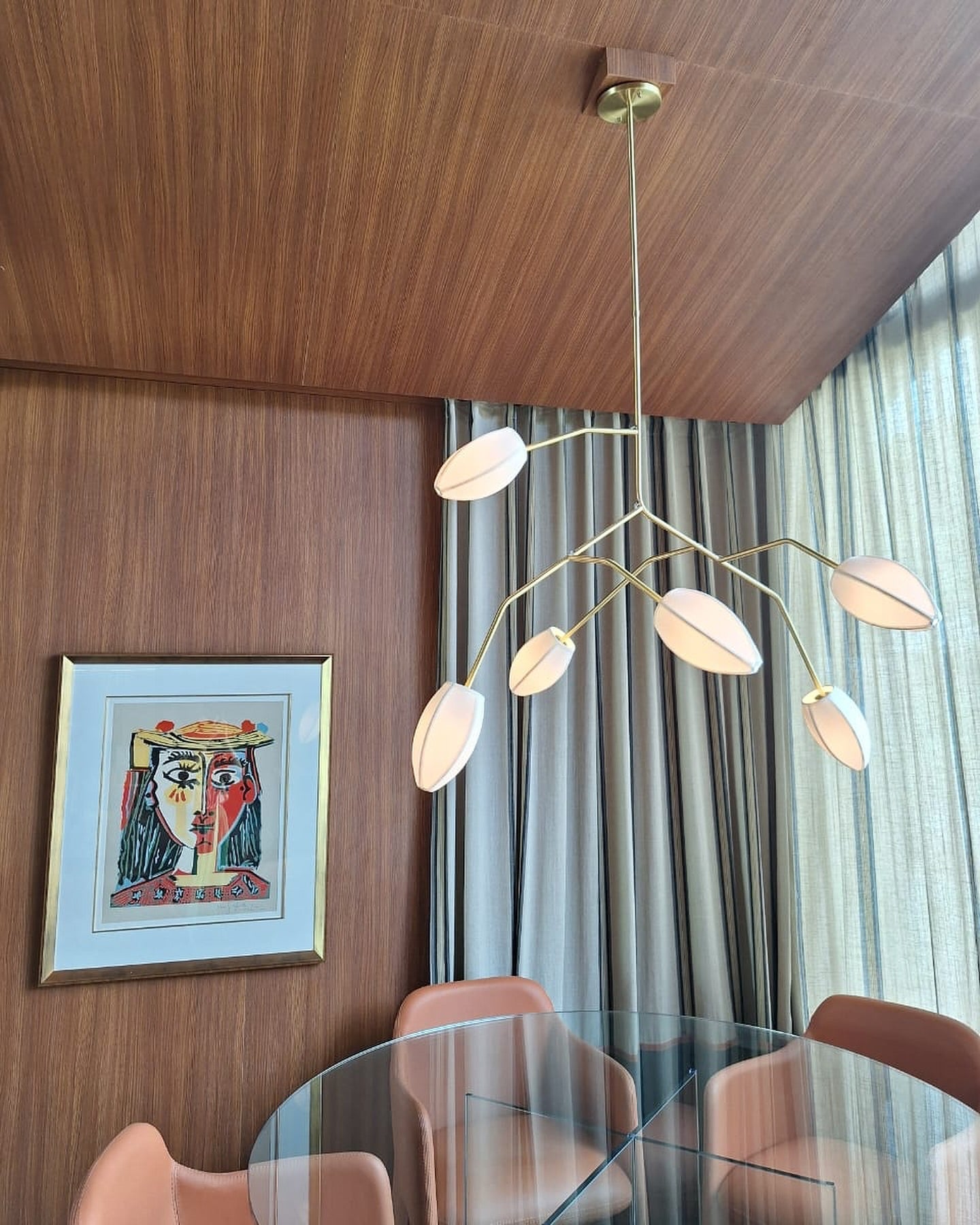 Sacura Chandelier - Cherry Blossom Inspired Brass & Fabric Pendant | Modern Organic 6-Light Centerpiece