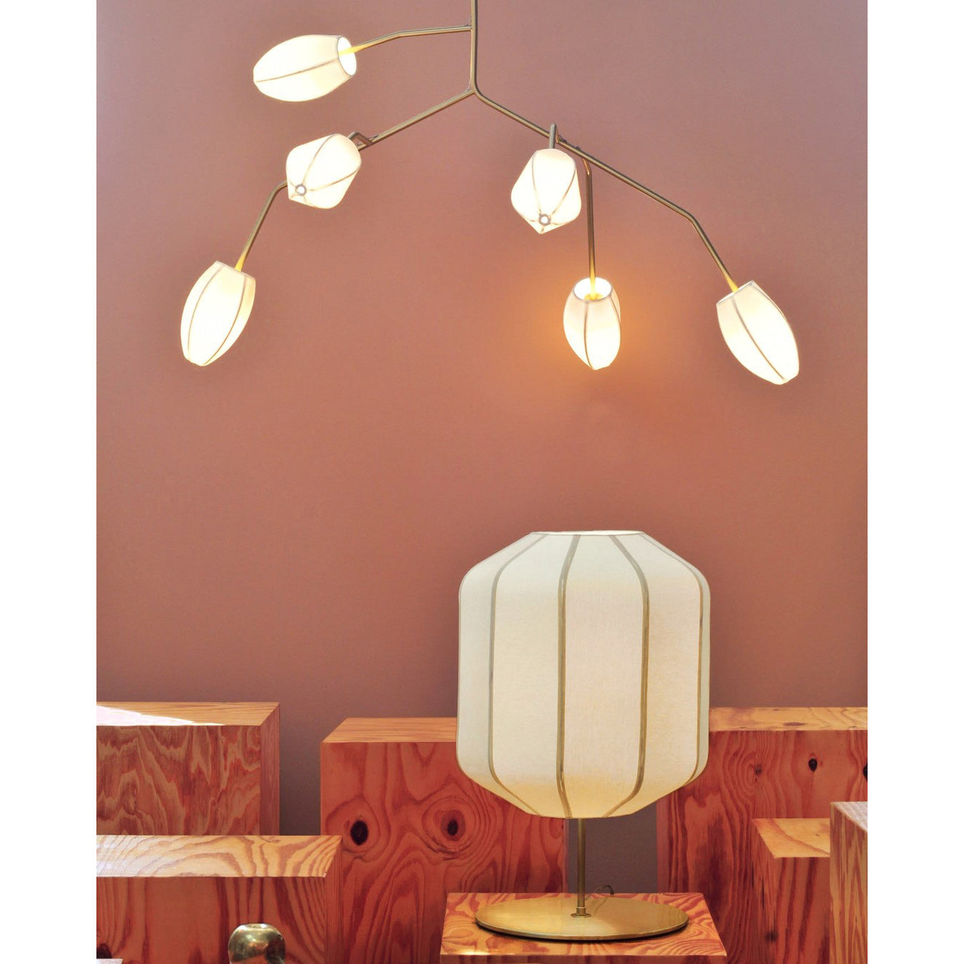 Sacura Chandelier - Cherry Blossom Inspired Brass & Fabric Pendant | Modern Organic 6-Light Centerpiece
