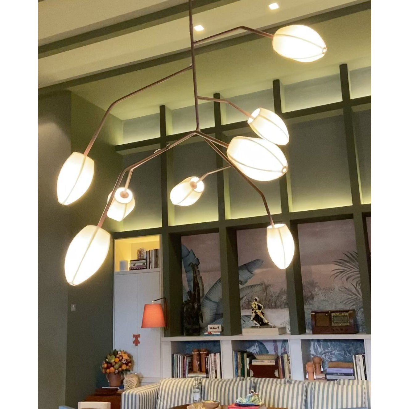 Sacura Chandelier - Cherry Blossom Inspired Brass & Fabric Pendant | Modern Organic 6-Light Centerpiece