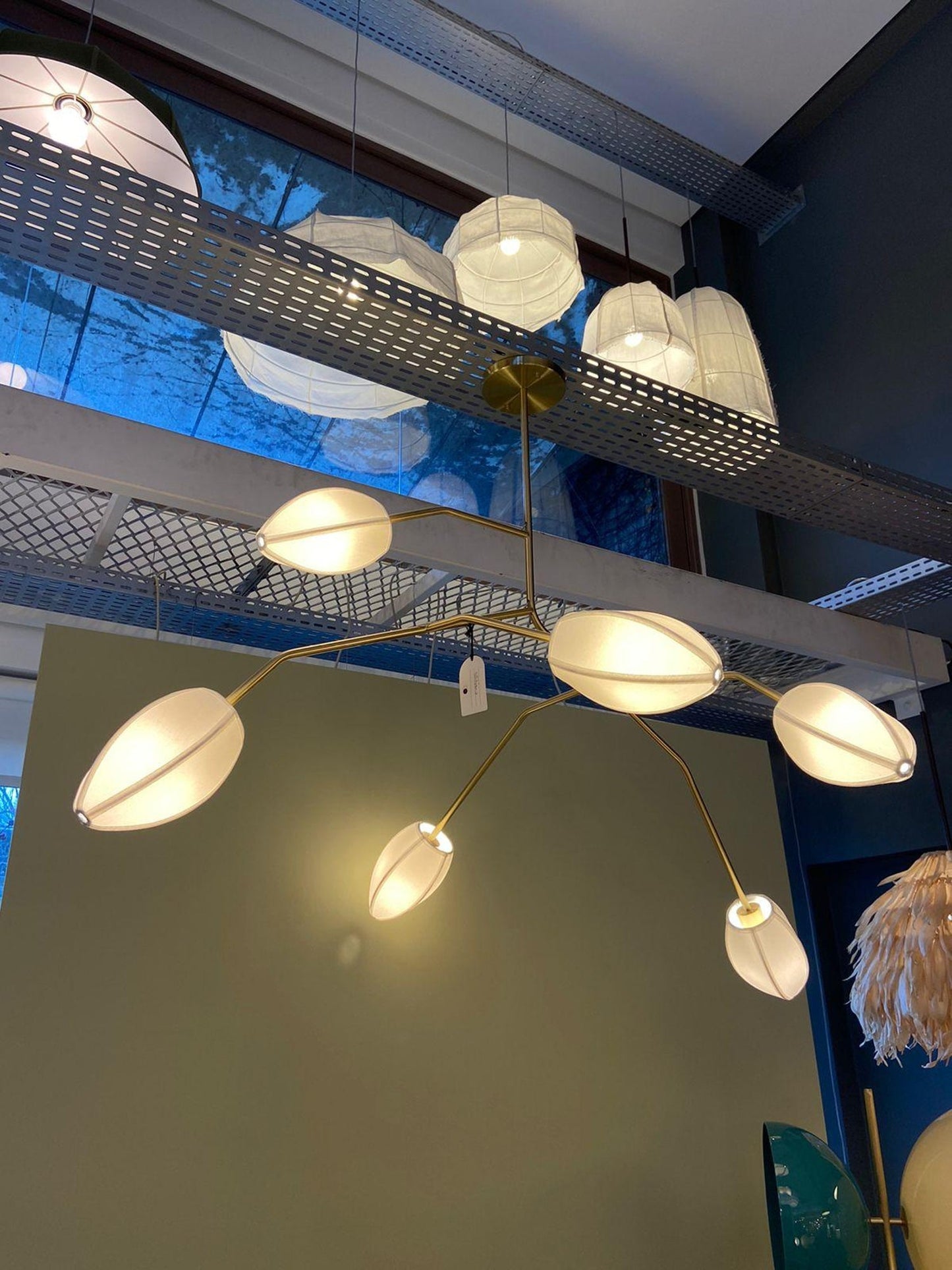 Sacura Chandelier - Cherry Blossom Inspired Brass & Fabric Pendant | Modern Organic 6-Light Centerpiece