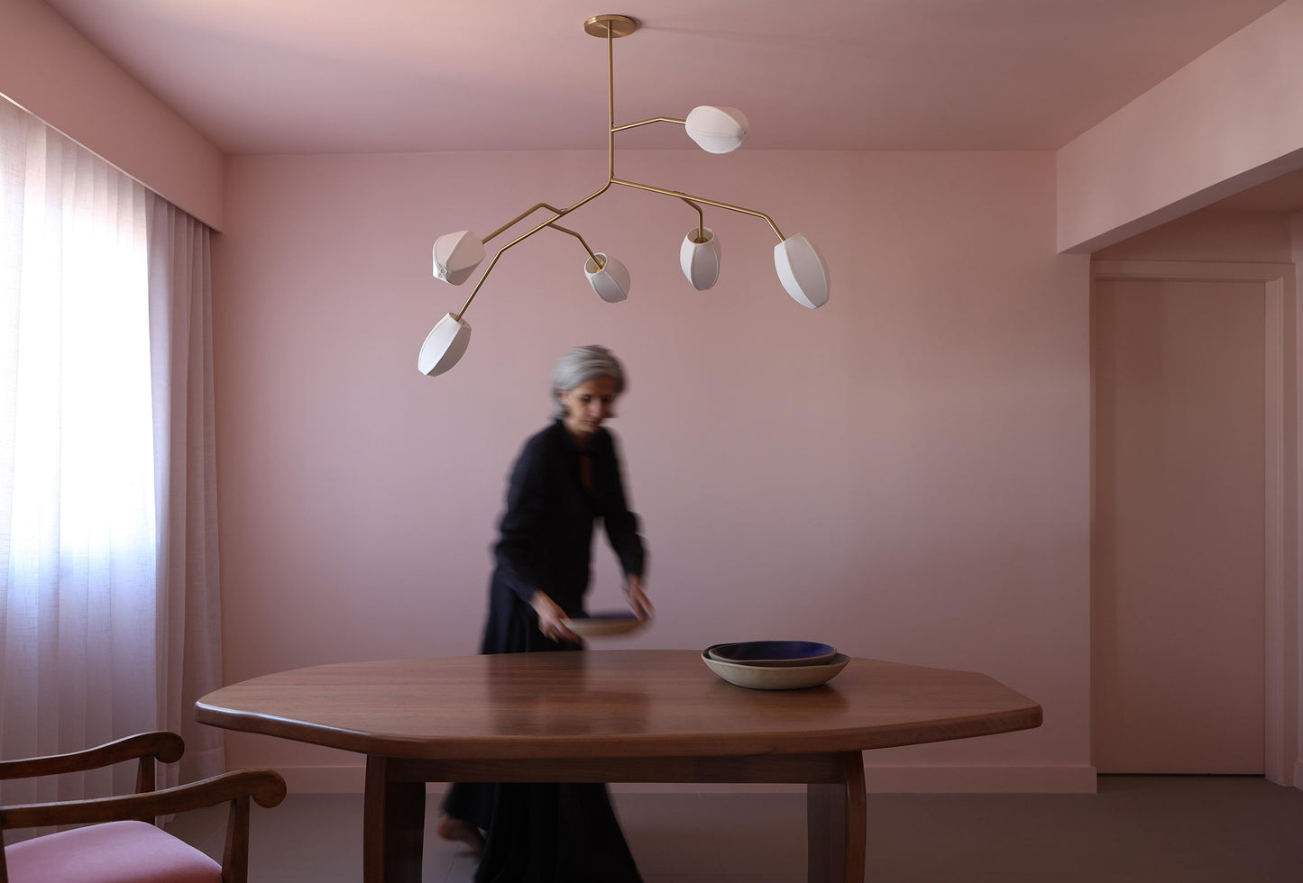 Sacura Chandelier - Cherry Blossom Inspired Brass & Fabric Pendant | Modern Organic 6-Light Centerpiece